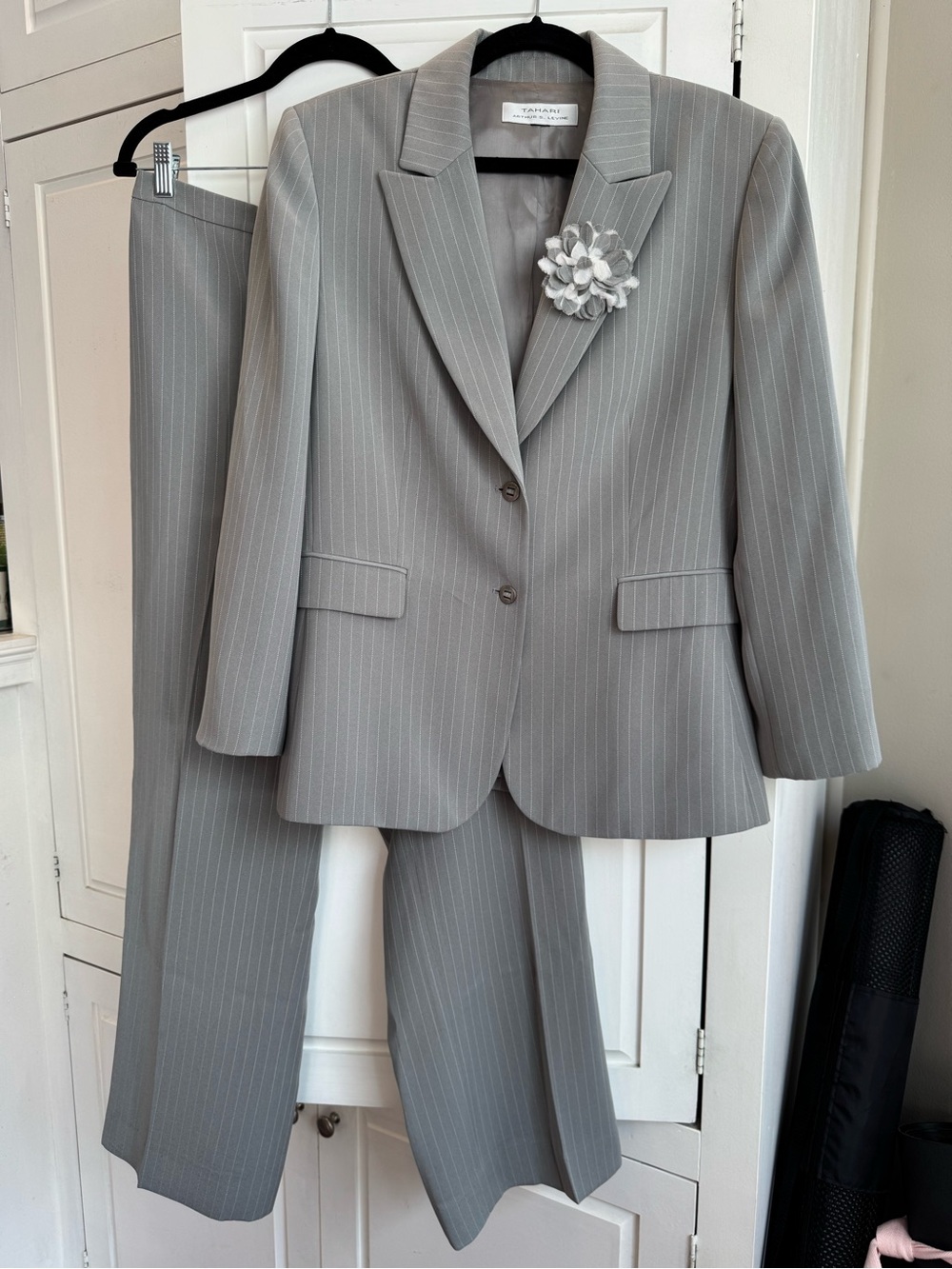 Vintage Reworked Tahari Light Gray Pinstripe Pantsuit with Removable Flower Pin